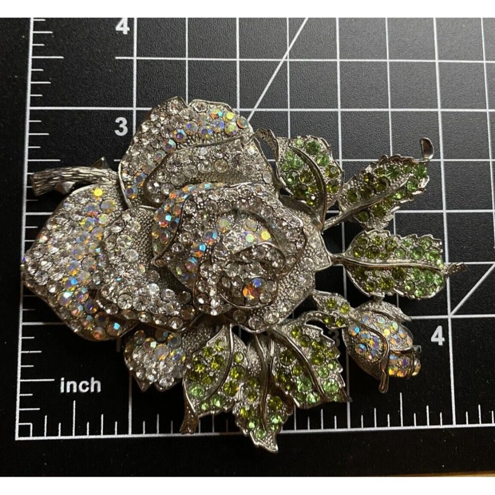 AB Clear Crystal Rose Brooch Huge 4" Silver Tone Thorns Green Leaves Rosebud - Picture 8 of 8